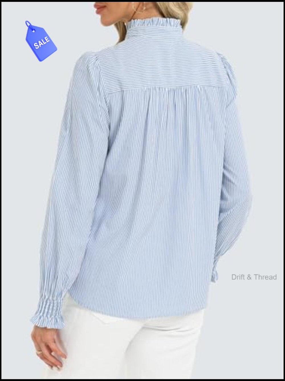 Women's Striped Button Down Shirt Long Sleeve Ruffle Collar Smocked Cuff Blouse - Picture 4 of 7